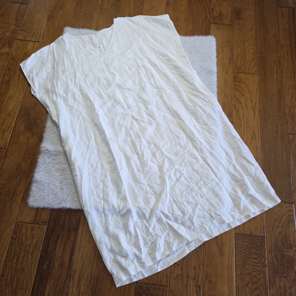 Linenfox Linen Shift Dress Women's OS One Size Sleeveless Pockets Ivory